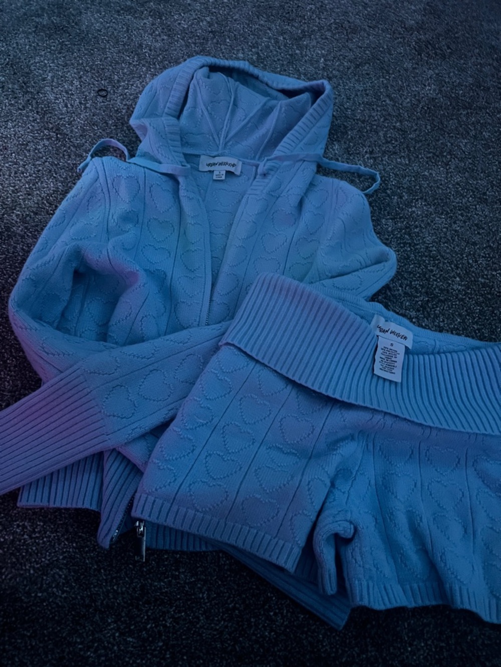 Light Blue Heart-Pattern Knit Hoodie & Shorts Set